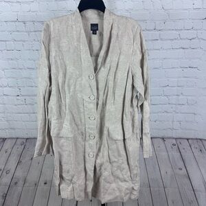 Eileen Fisher Natural Linen Floral Embroidered Long Button Jacket Size Large